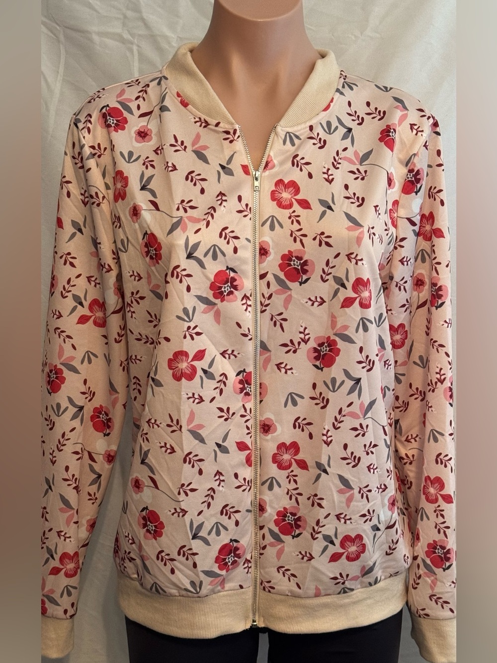 Floral Zip-Front Satin Bomber Jacket - Soft Pink with Red Floral